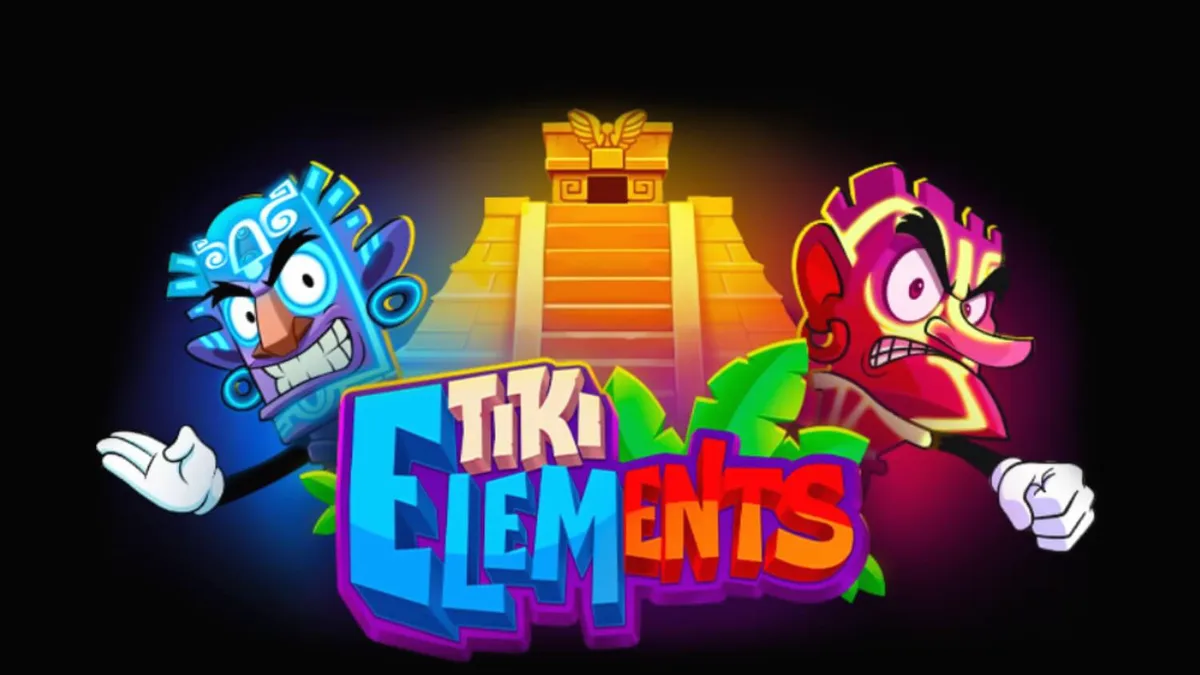 Tampilan visual slot Tiki Elements dengan tema pulau tropis dan simbol topeng Tiki.